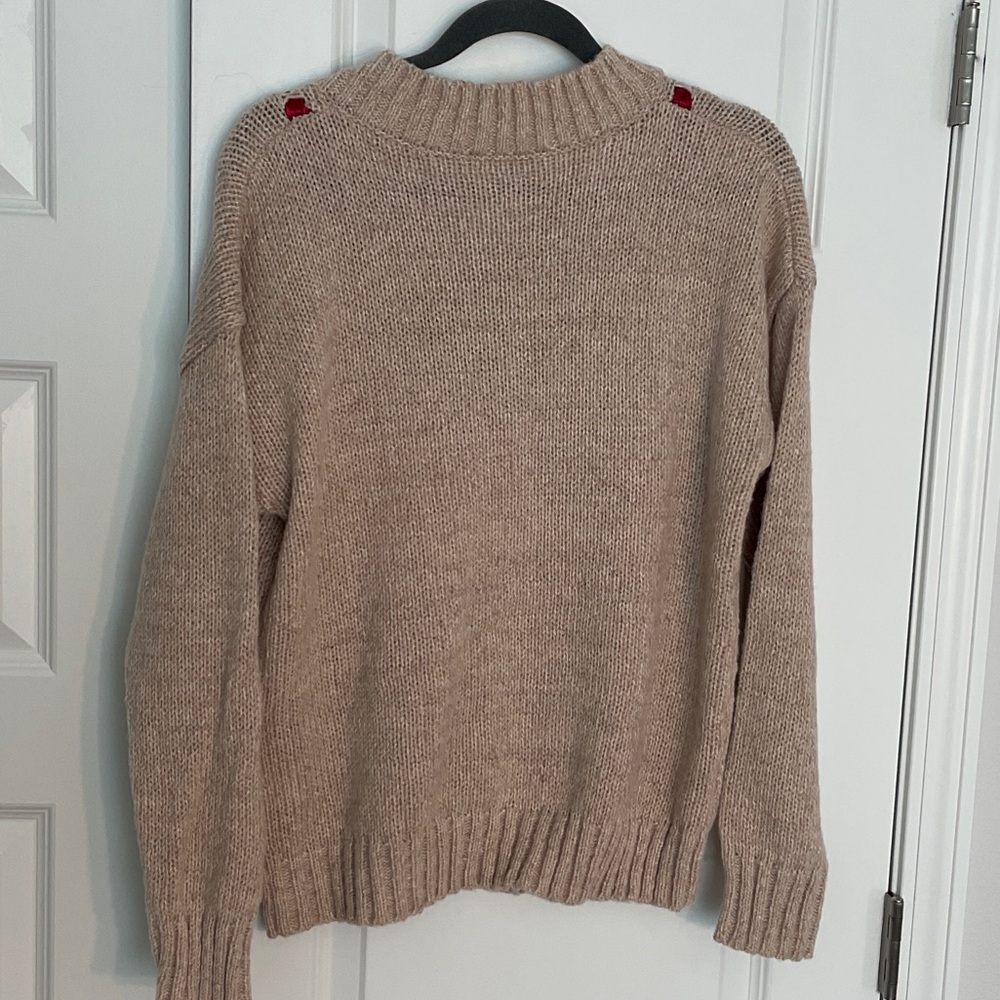 Beige Sweater with Red Satin Ribbon Accents - Picture 2 of 4